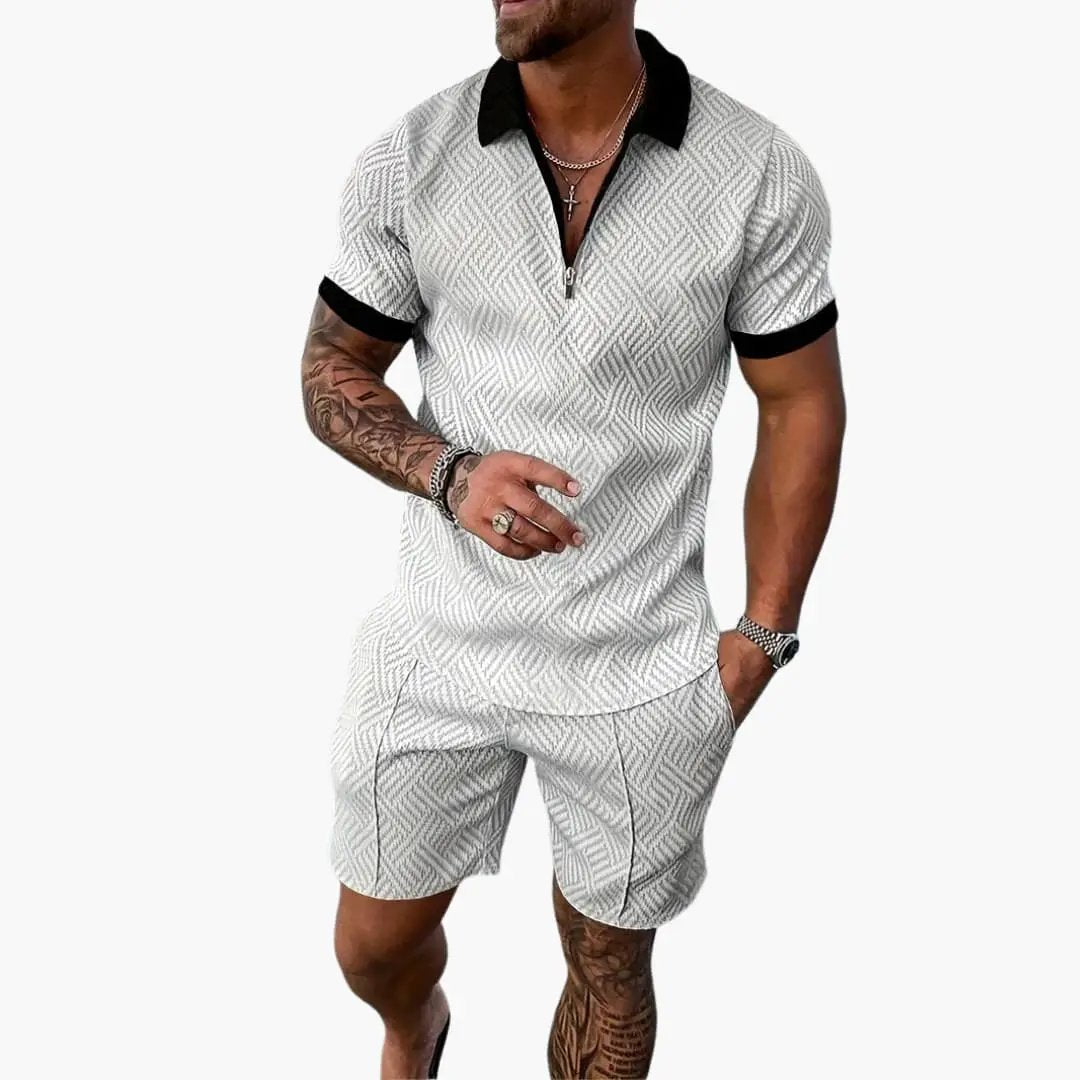 Men's Summer Two-Piece Set Short Sleeve V-Neck Zipper Lightweight Casual Wear 5