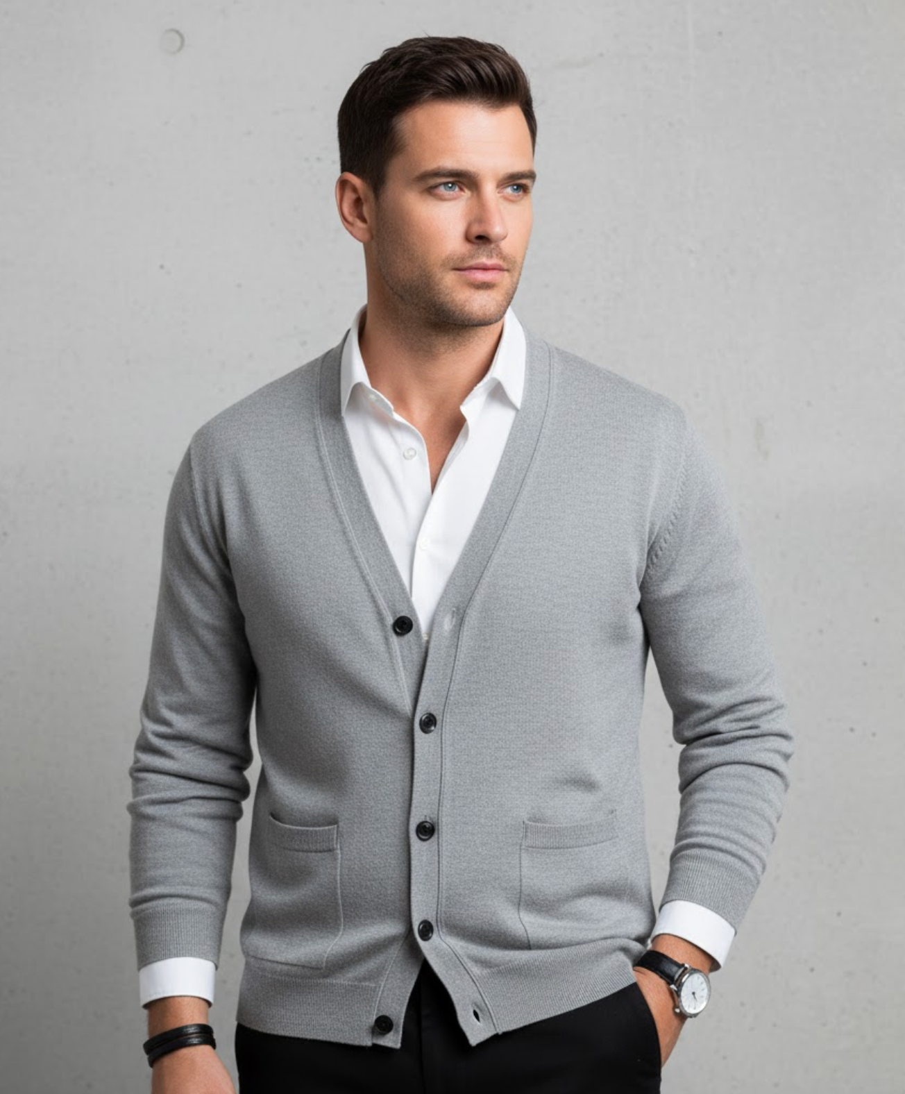 Men's V-neck knit cardigan in dark red, button-through front, winter knitwear