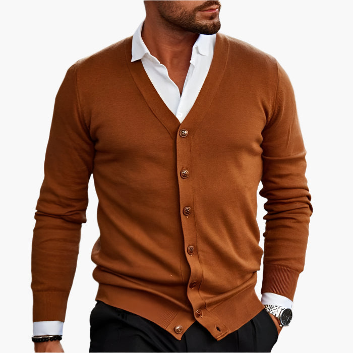 Men's V-neck knit cardigan in dark red, button-through front, winter knitwear