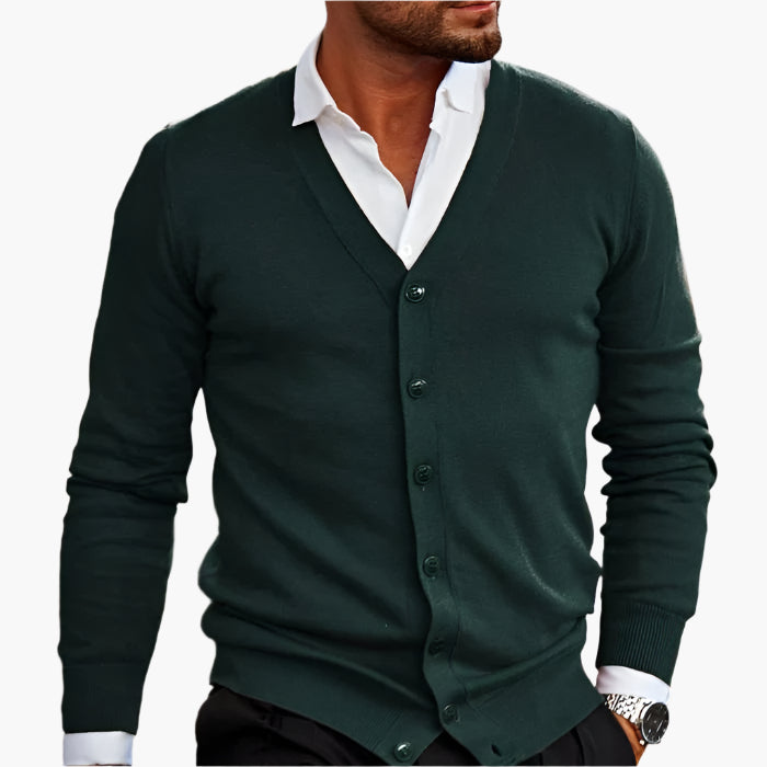Men's V-neck knit cardigan in dark red, button-through front, winter knitwear