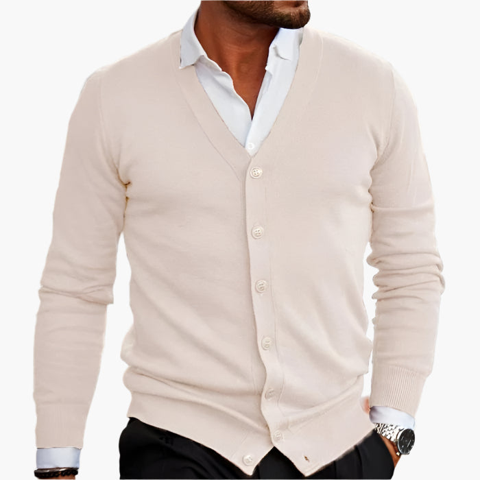 Men's V-neck knit cardigan in dark red, button-through front, winter knitwear