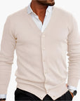 Men's V-neck knit cardigan in dark red, button-through front, winter knitwear