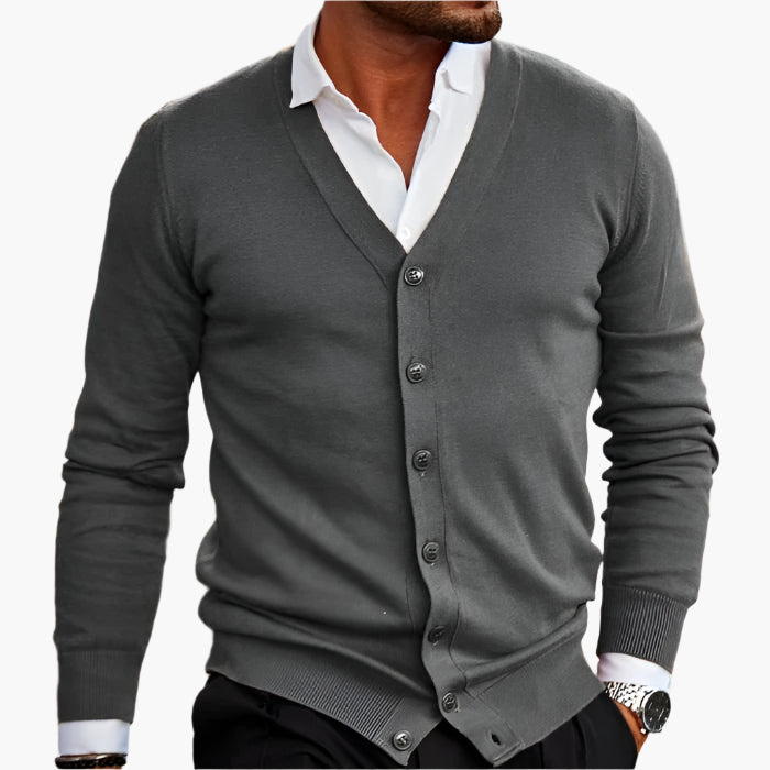 Men's V-neck knit cardigan in dark red, button-through front, winter knitwear