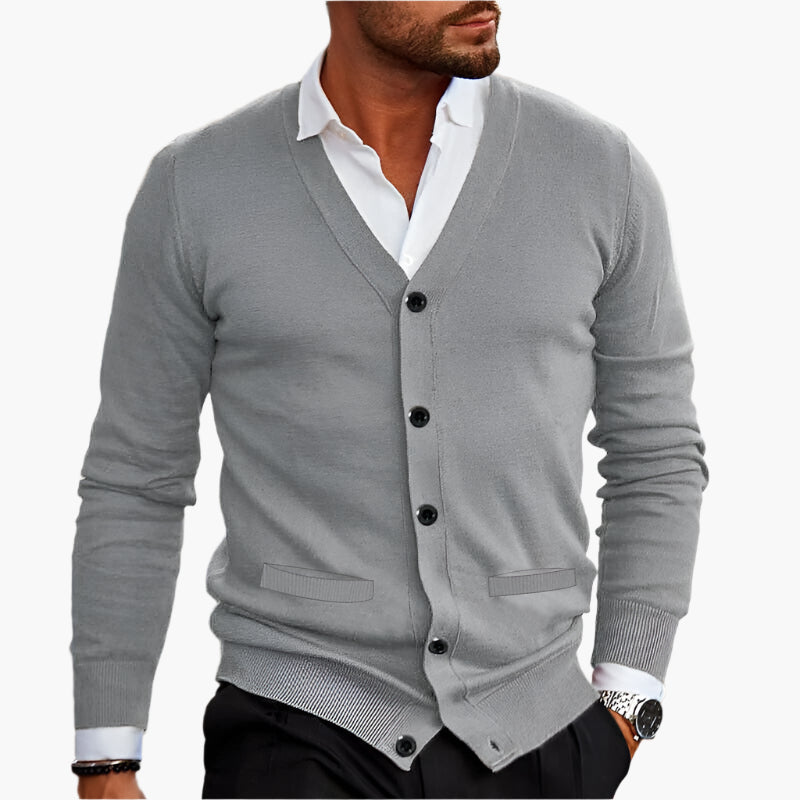 Men's V-Neck Knit Cardigan in dark red — relaxed button-through style for winter