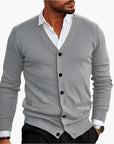 Men's V-Neck Knit Cardigan in dark red — relaxed button-through style for winter