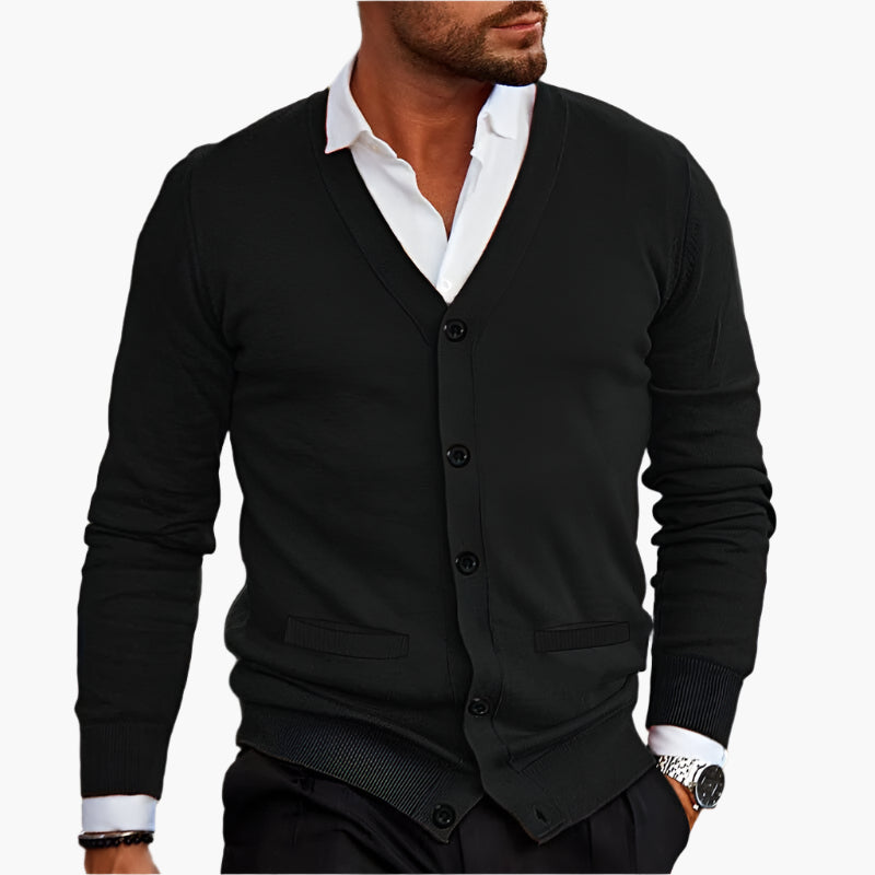 Men's V-Neck Knit Cardigan in dark red — relaxed button-through style for winter