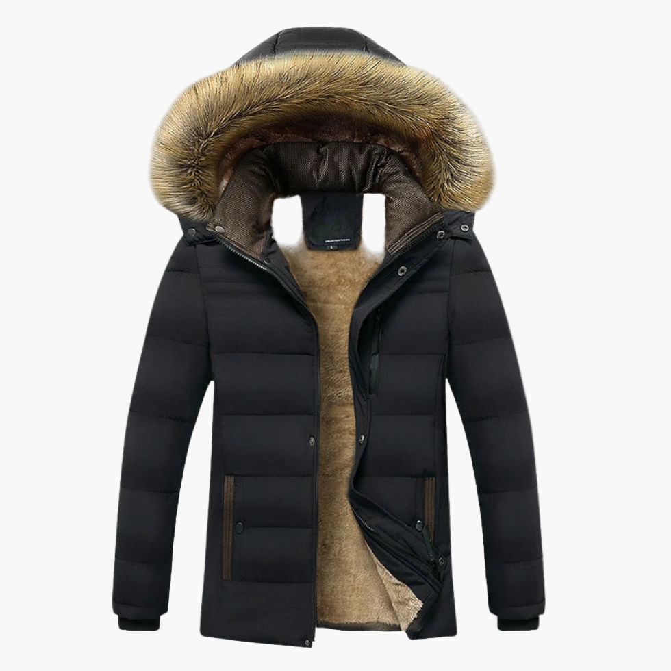 men's black winter parka with faux fur hood and quilted insulation