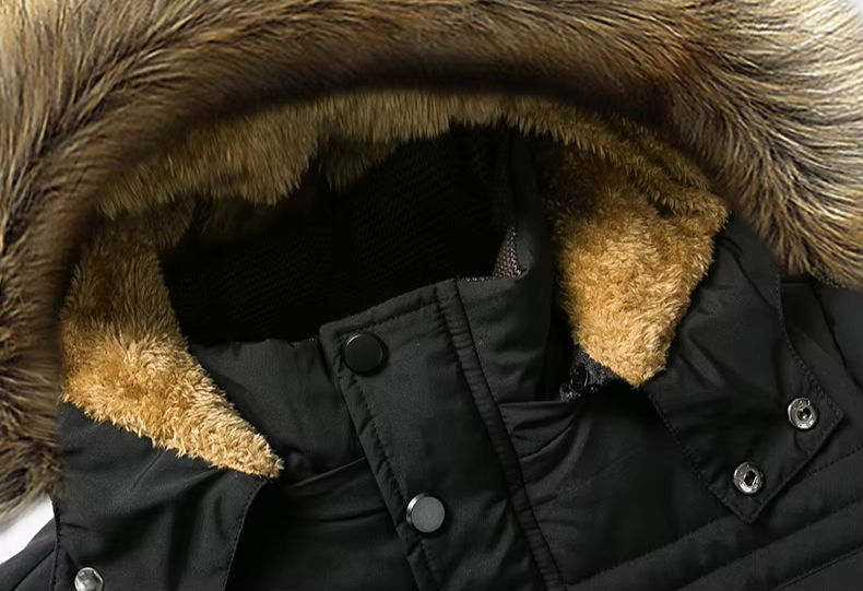 men's black winter parka with faux fur hood and quilted insulation