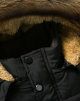 men's black winter parka with faux fur hood and quilted insulation