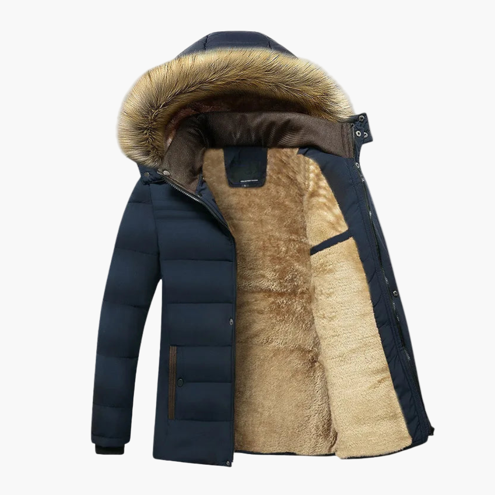 men's winter parka with faux fur trimmed hood and quilted lining