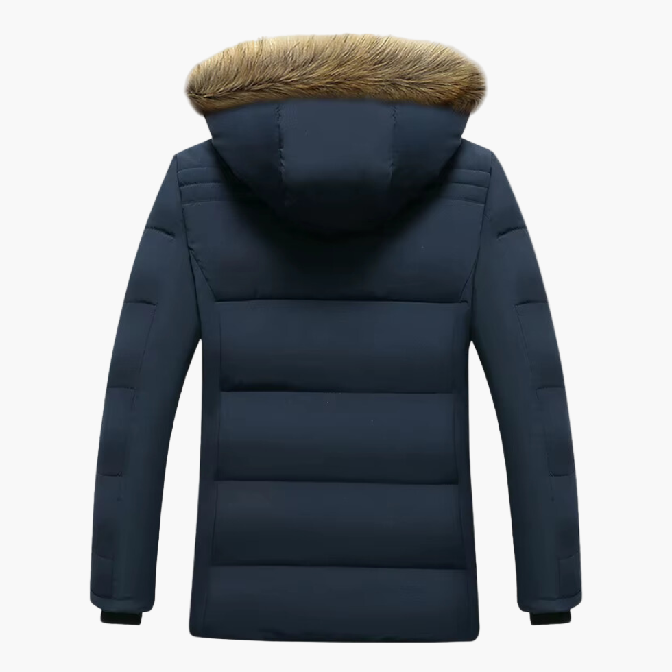 men's winter parka with faux fur trimmed hood and quilted lining