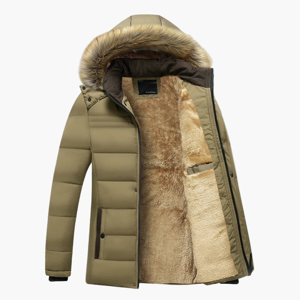 men's winter parka with faux fur trimmed hood and quilted lining
