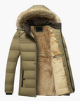 men's winter parka with faux fur trimmed hood and quilted lining