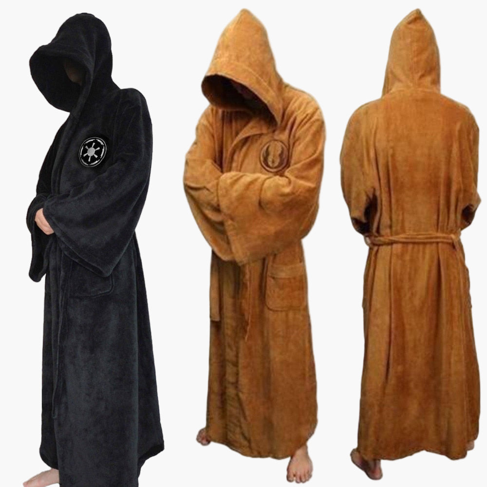 Men's black hooded dressing gown full-length fleece loungewear