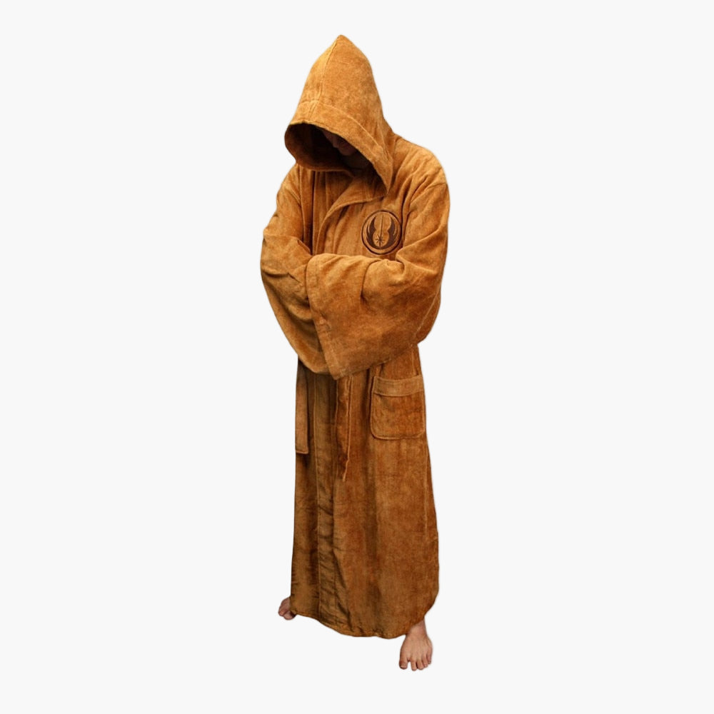 Men's black hooded dressing gown full-length fleece loungewear