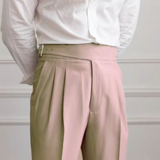 Men's pleated trousers high waist adjustable waistband in black