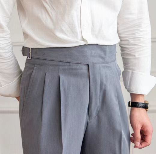 Men's pleated trousers high waist adjustable waistband in black