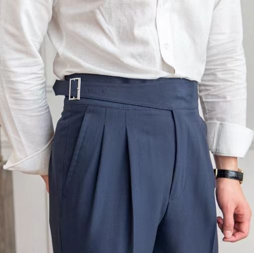 Men's pleated trousers high waist adjustable waistband in black