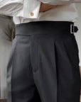 Men's pleated trousers high waist adjustable waistband in black