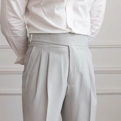 Men's pleated trousers high waist adjustable waistband in black