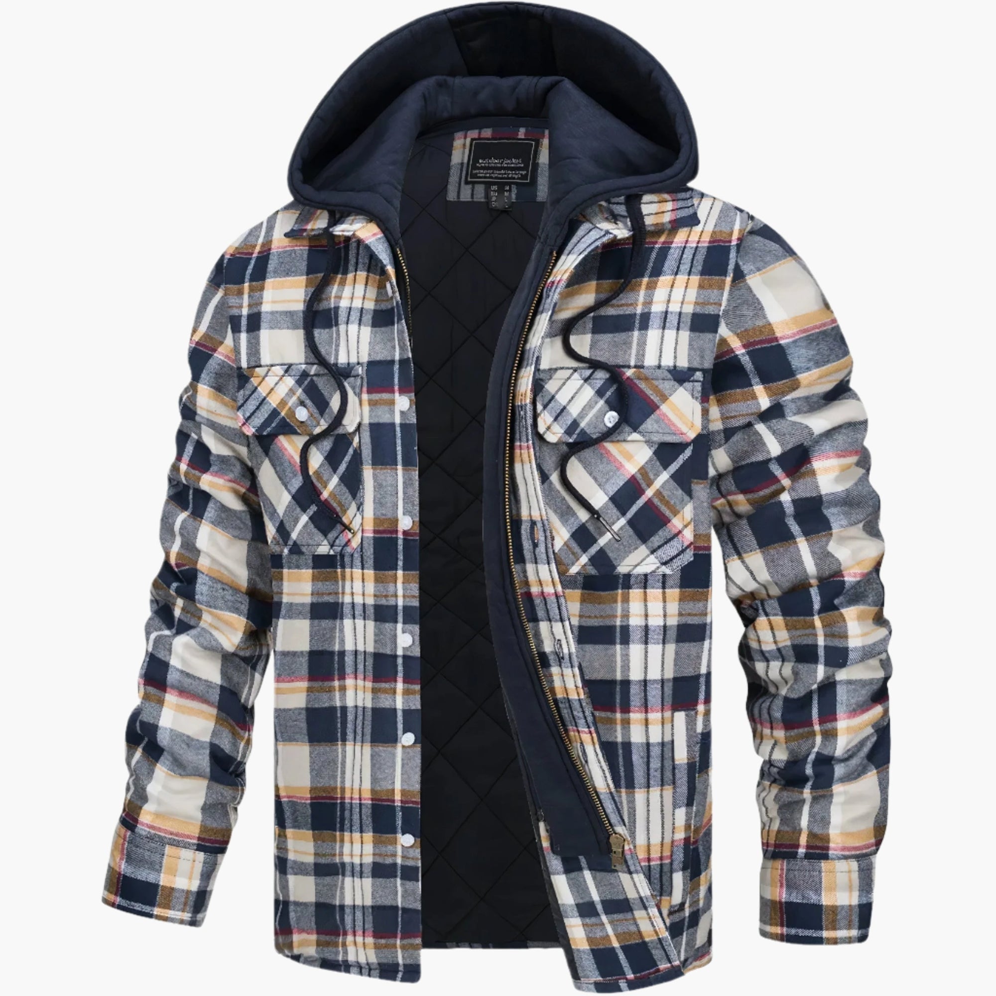 Men's Yellow Blue Check Flannel Jacket hooded quilted winter