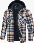 Men's Yellow Blue Check Flannel Jacket hooded quilted winter