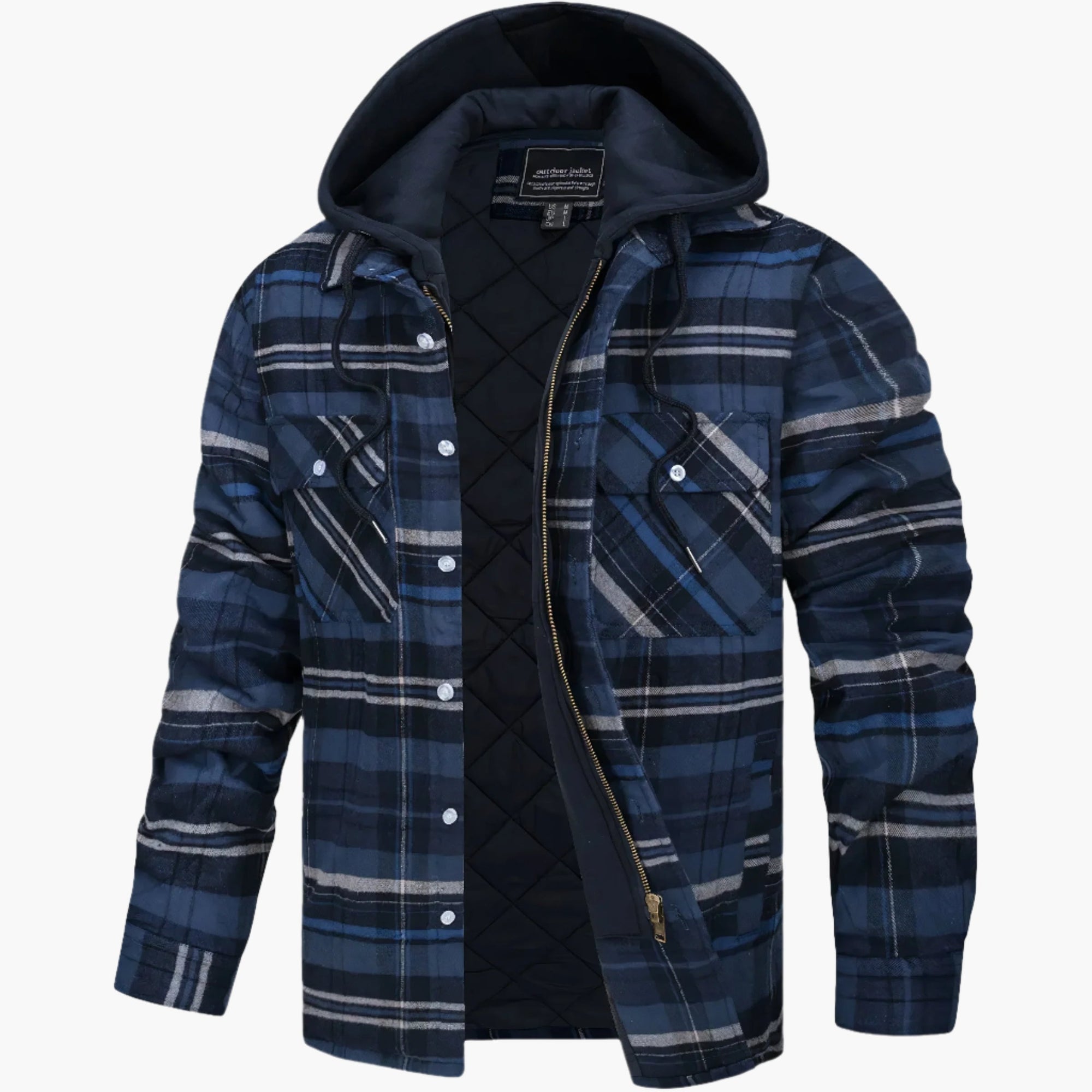Men's Yellow Blue Check Flannel Jacket hooded quilted winter