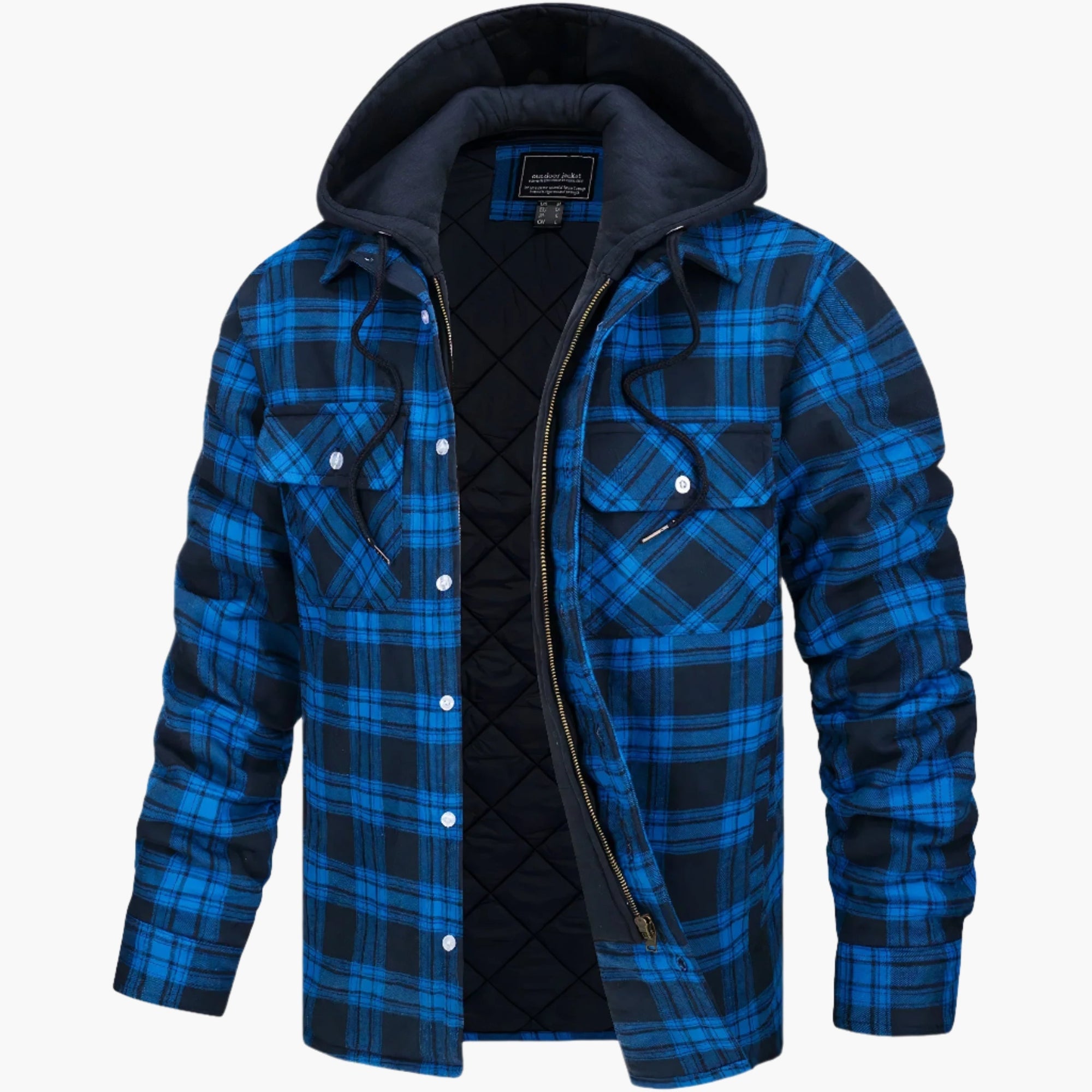 Men's Yellow Blue Check Flannel Jacket hooded quilted winter