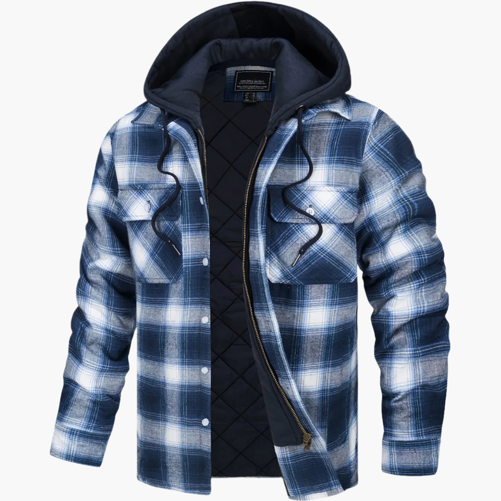 Men's Yellow Blue Check Flannel Jacket hooded quilted winter