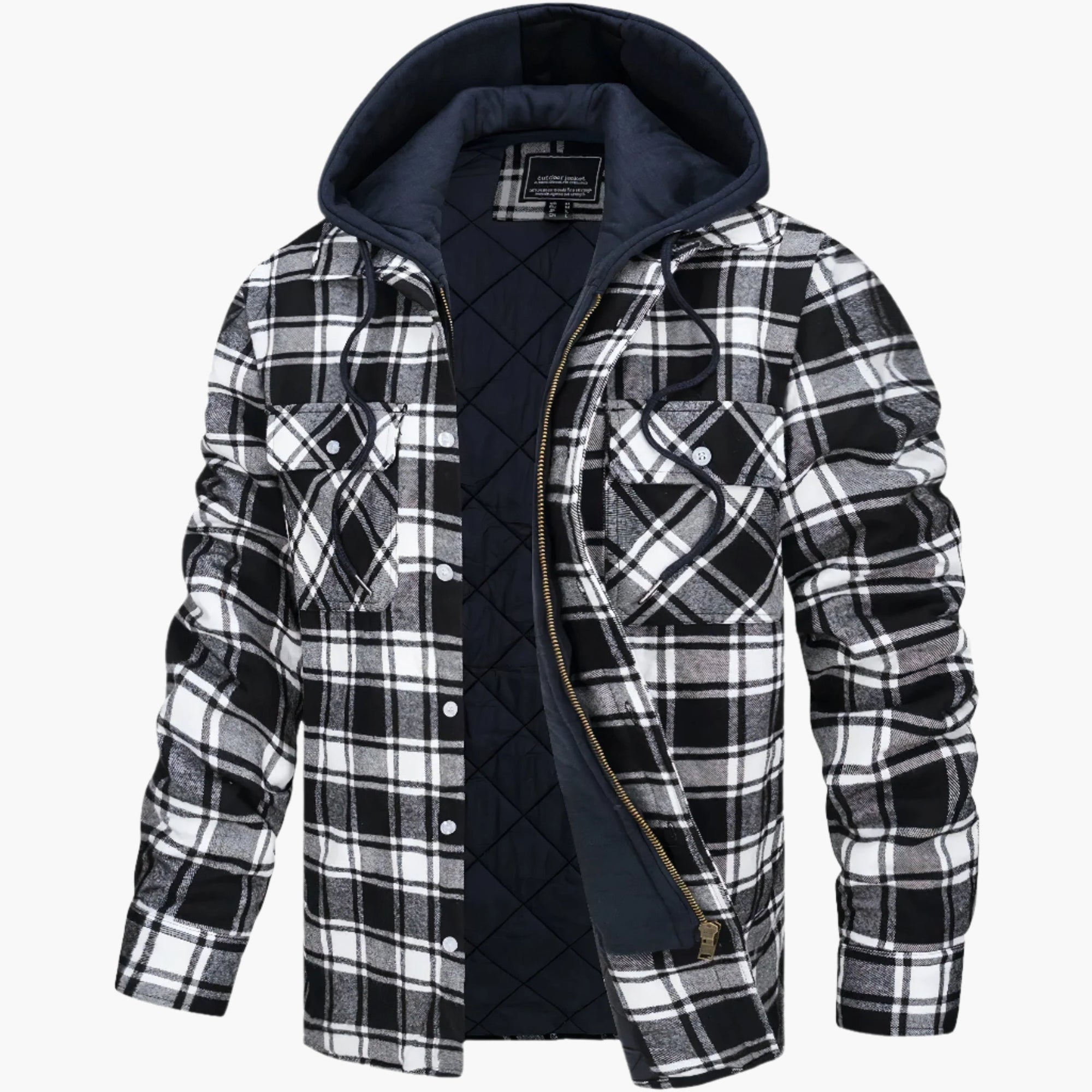 Men's Yellow Blue Check Flannel Jacket hooded quilted winter