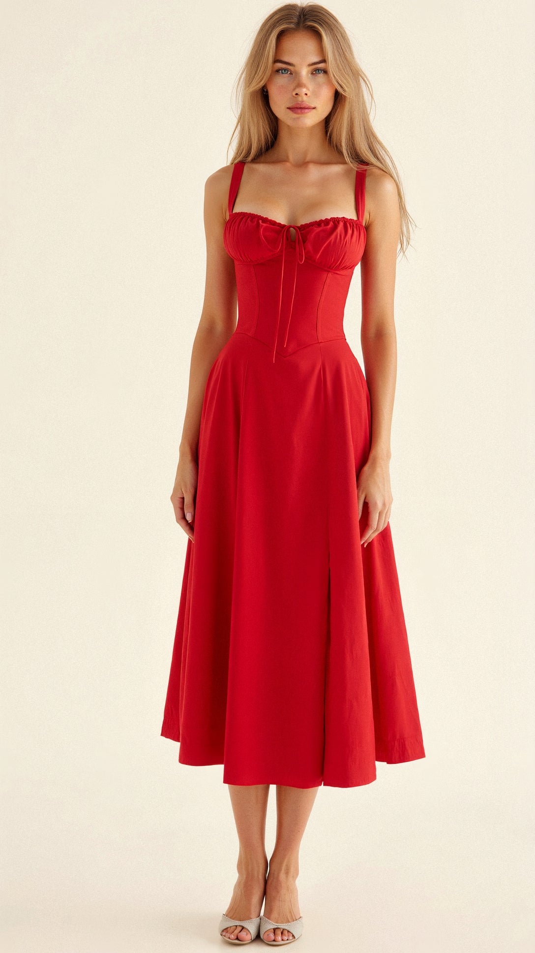 Midi Dress Corset Design Fitted Top Flowing Skirt Elegant Women 10