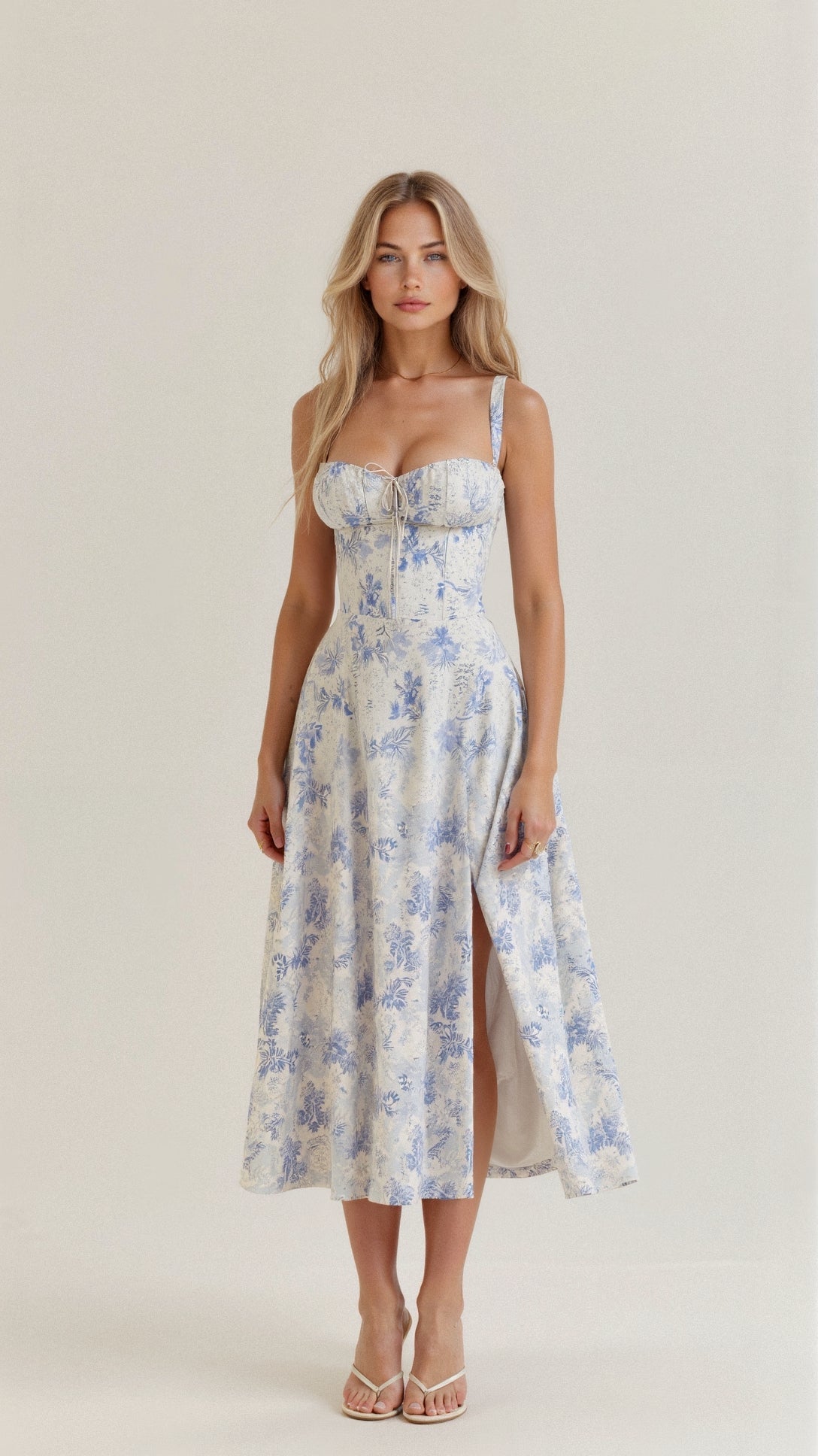 Midi Dress Corset Design Fitted Top Flowing Skirt Elegant Women 6