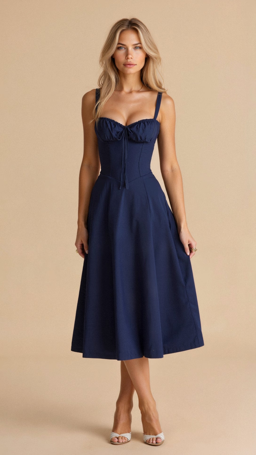Midi Dress Corset Design Fitted Top Flowing Skirt Elegant Women 9