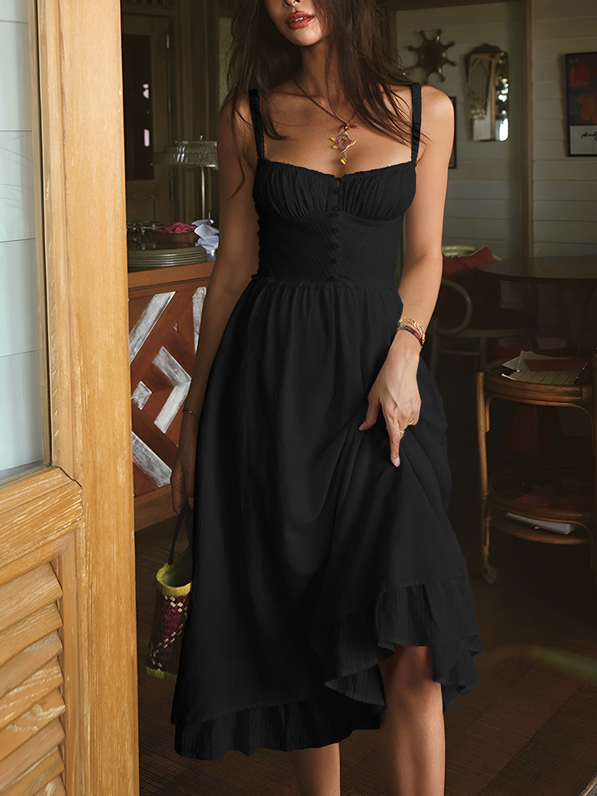 Midi Dress Ruffle Hem Sleeveless Low Cut Regular Fit Elegant Style Women 8