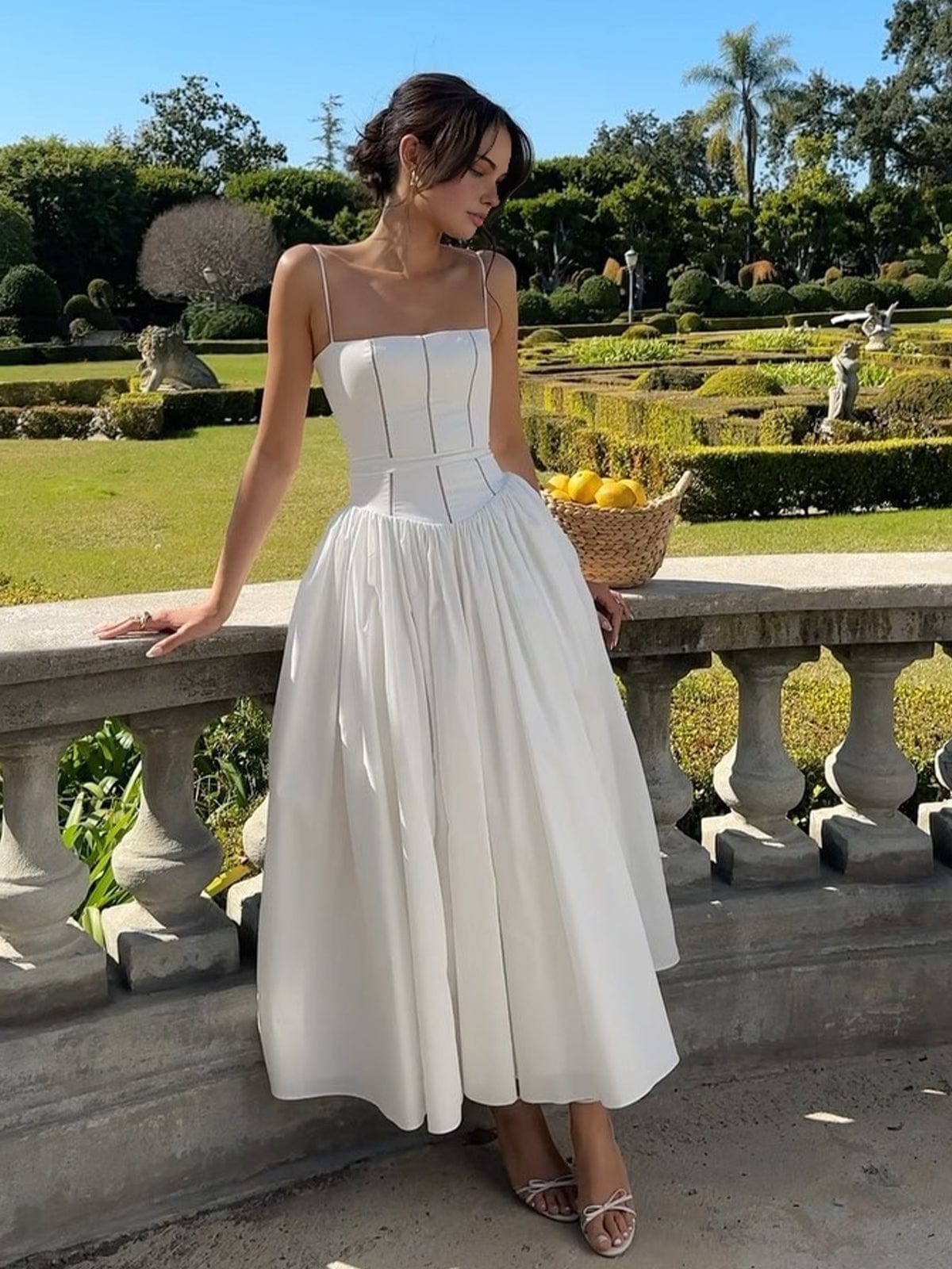 Midi Dress White Corset Bodice Flowing Skirt 0