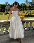 Midi Dress White Corset Bodice Flowing Skirt 0