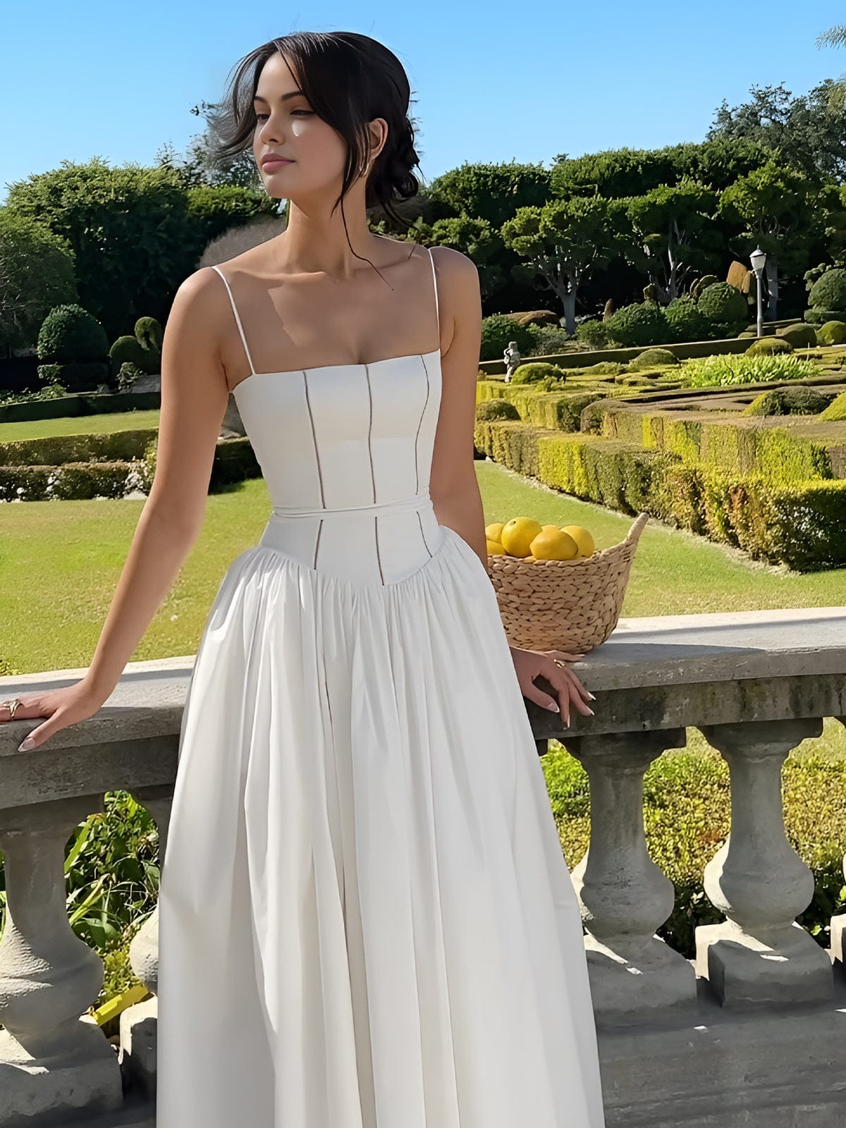 Midi Dress White Corset Bodice Flowing Skirt 1