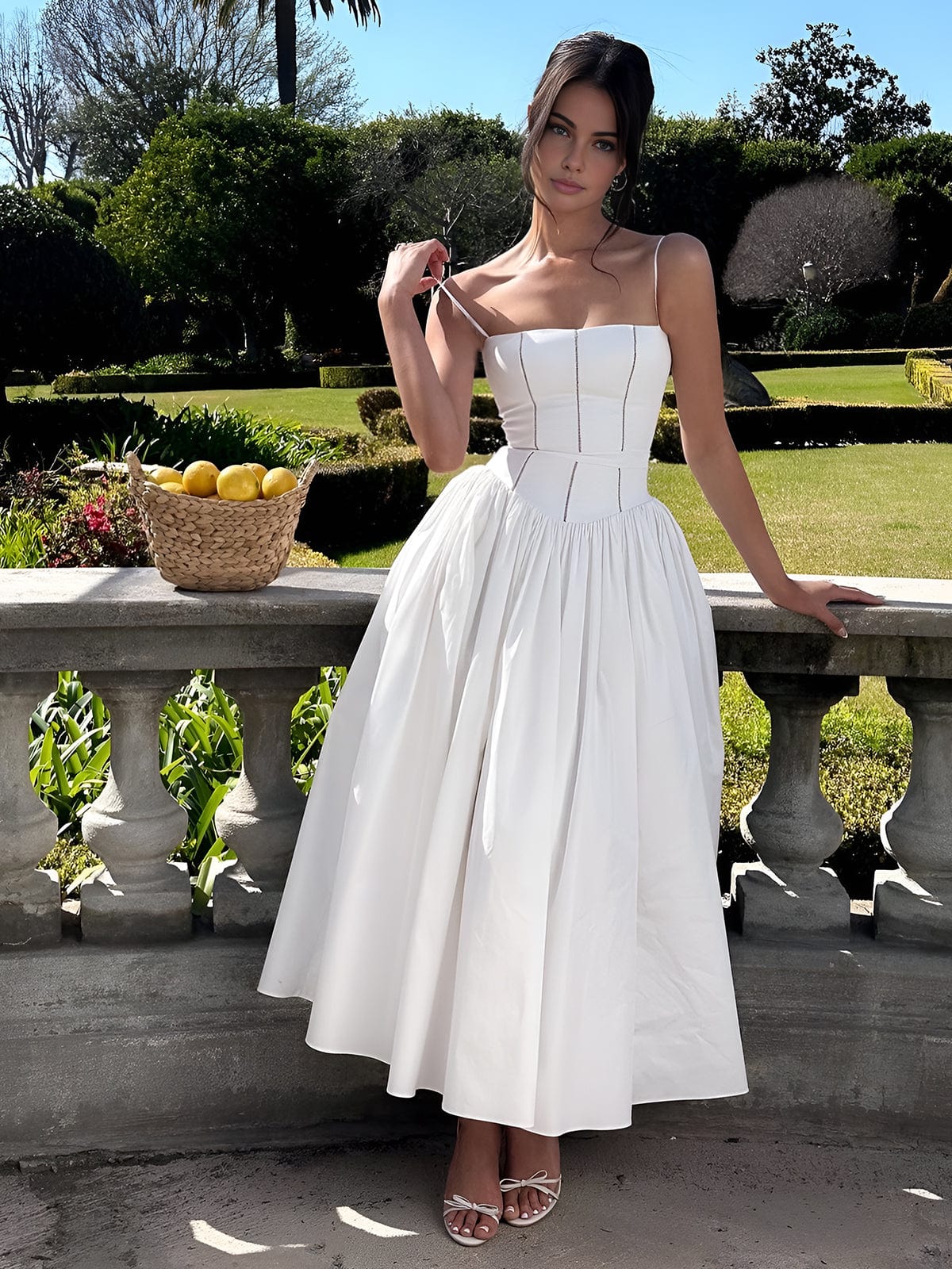 Midi Dress White Corset Bodice Flowing Skirt 2