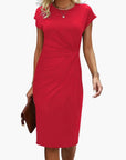 Midi Dress Women Round Neckline Short Sleeve Fitted Waist Seam Casual Wear 1