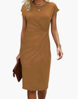 Midi Dress Women Round Neckline Short Sleeve Fitted Waist Seam Casual Wear 3