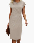 Midi Dress Women Round Neckline Short Sleeve Fitted Waist Seam Casual Wear 4