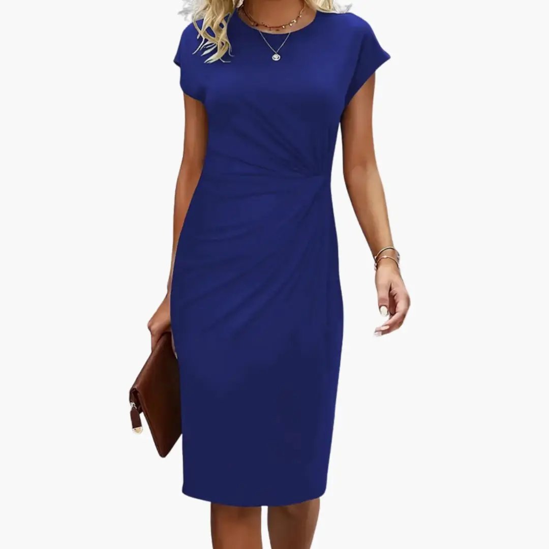 Midi Dress Women Round Neckline Short Sleeve Fitted Waist Seam Casual Wear 6