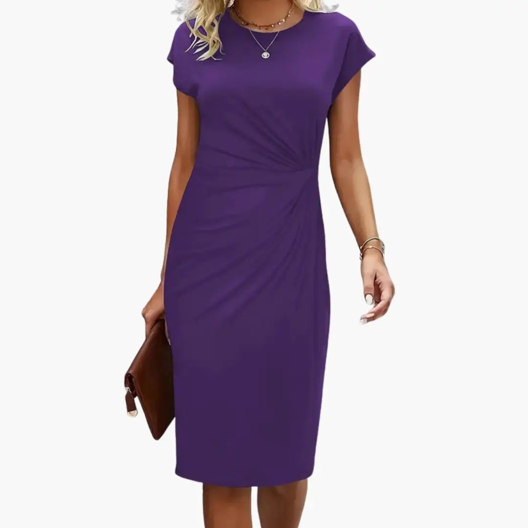 Midi Dress Women Round Neckline Short Sleeve Fitted Waist Seam Casual Wear 7