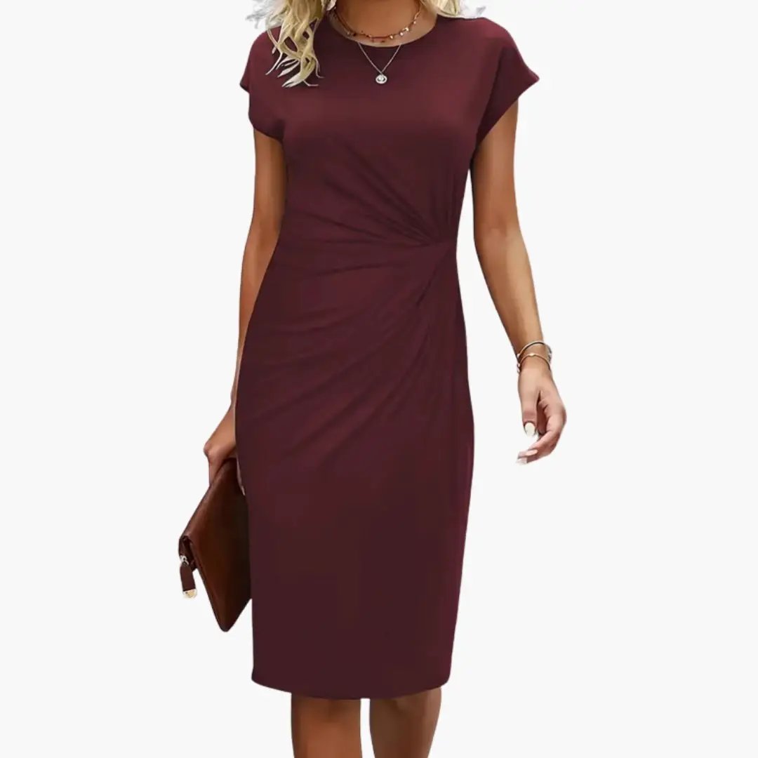 Midi Dress Women Round Neckline Short Sleeve Fitted Waist Seam Casual Wear 8
