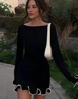 Mini Dress Long Sleeve Boat Neck Ruffle Hem Black Evening Wear 0