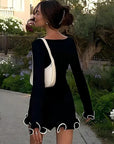 Mini Dress Long Sleeve Boat Neck Ruffle Hem Black Evening Wear 2