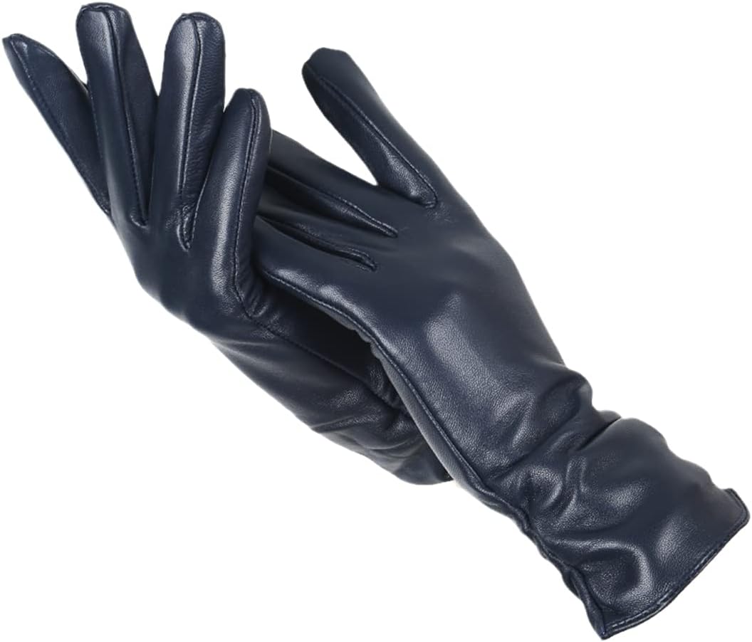 Women's navy blue faux leather gloves with wool lining