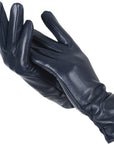 Women's navy blue faux leather gloves with wool lining