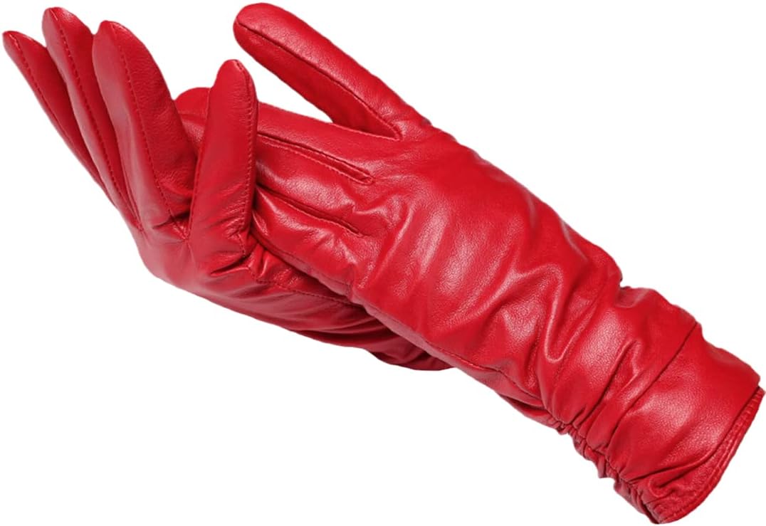 Women's navy blue faux leather gloves with wool lining