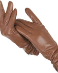 Women's navy blue faux leather gloves with wool lining